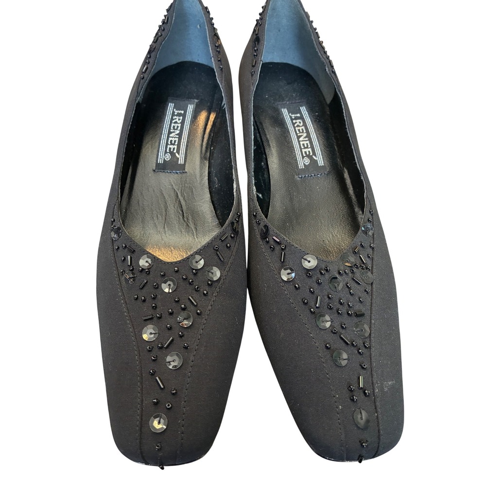 J. Renee Pumps Women 7.5 Black Excellent Beaded Sequin Block Heel Square Toe